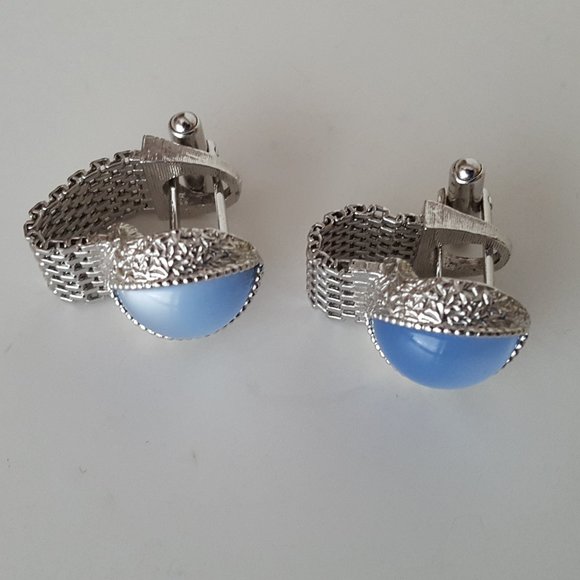 Cufflinks Vintage Swank Moonglow Cat's Eye Silvertone Metal Mesh Wrap** - Picture 8 of 10